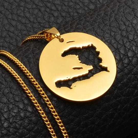 18K Gold Plated Haiti Map Circle Necklace - Haiti Necklace - Haiti Necklaces - Haiti Pendant - Haiti Jewelry - Haiti Charm - Haiti Pendent