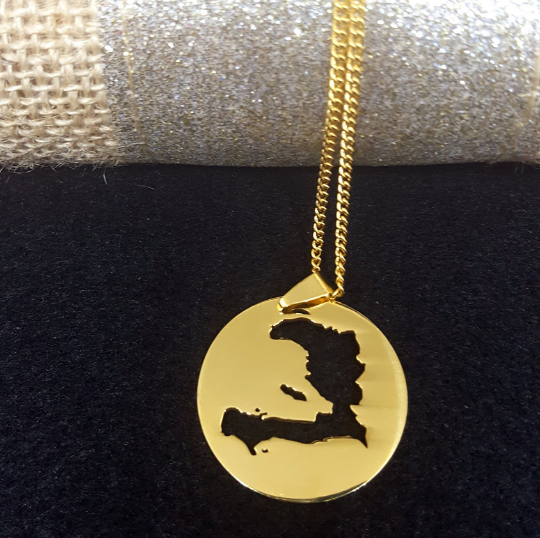 18K Gold Plated Haiti Map Circle Necklace - Haiti Necklace - Haiti Necklaces - Haiti Pendant - Haiti Jewelry - Haiti Charm - Haiti Pendent