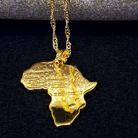 Africa Map Pendant And Letter Carved Design Map Of Africa Shaped 18k Gold Plated Necklace, African Gift For Her, Unisex African Pendant Gift