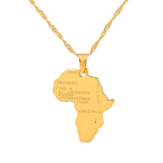 Africa Map Pendant And Letter Carved Design Map Of Africa Shaped 18k Gold Plated Necklace, African Gift For Her, Unisex African Pendant Gift