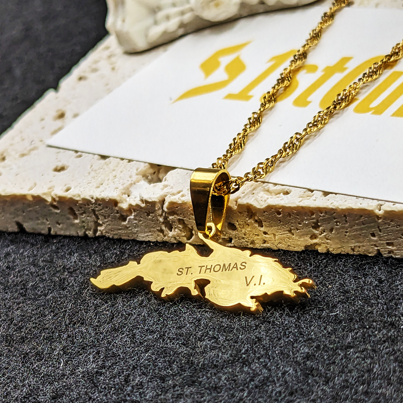 18K Gold Plated Saint Thomas Map Necklace, Saint Thomas Necklace, Saint Thomas Flag, Saint Thomas Pendant, St Thomas Gift, St Thomas Earring