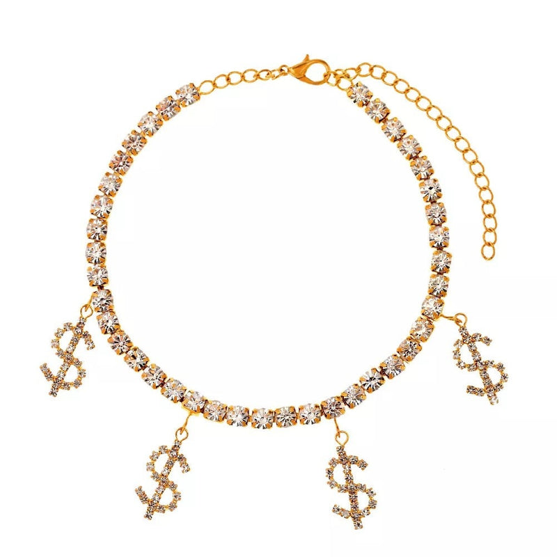 Dollar Sign Tennis Anklet, Iced Out Anklet, Cz Tennis Dollar Sign Anklet, Bling Iced Tennis Anklet, Dollar Sign Anklet, Rhinestone Anklet