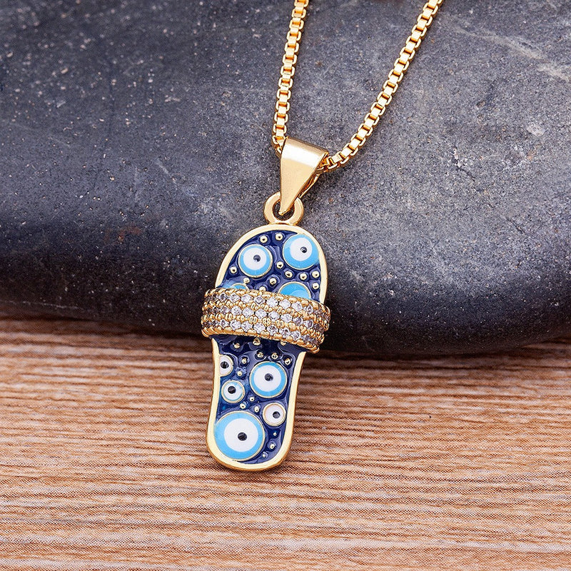Blue Evil Eye Necklace, Enamel Slipper Necklace, Enamel Necklace, Enamel Charm Necklace, Enamel Pendant Necklace, Copper And Enamel Necklace