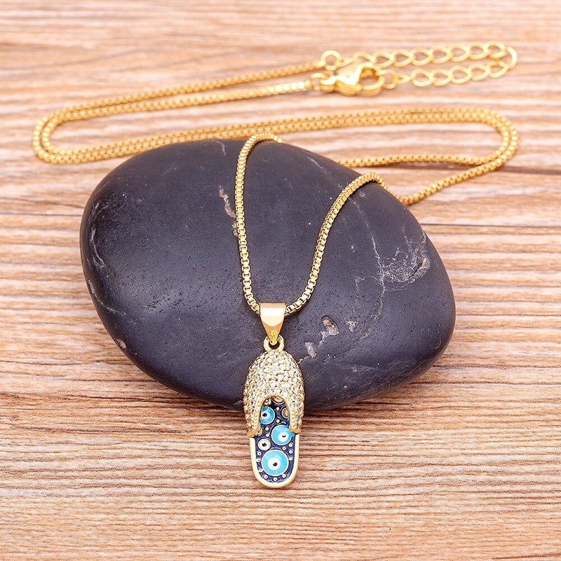 Blue Evil Eye Necklace, Enamel Slipper Necklace, Enamel Necklace, Enamel Charm Necklace, Enamel Pendant Necklace, Copper And Enamel Necklace