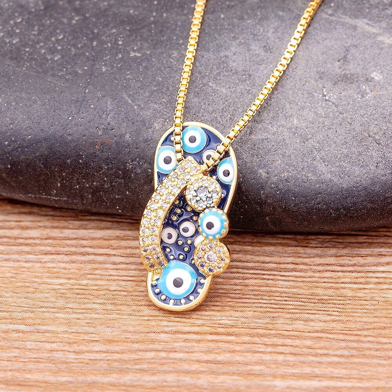 Blue Evil Eye Necklace, Enamel Slipper Necklace, Enamel Necklace, Enamel Charm Necklace, Enamel Pendant Necklace, Copper And Enamel Necklace
