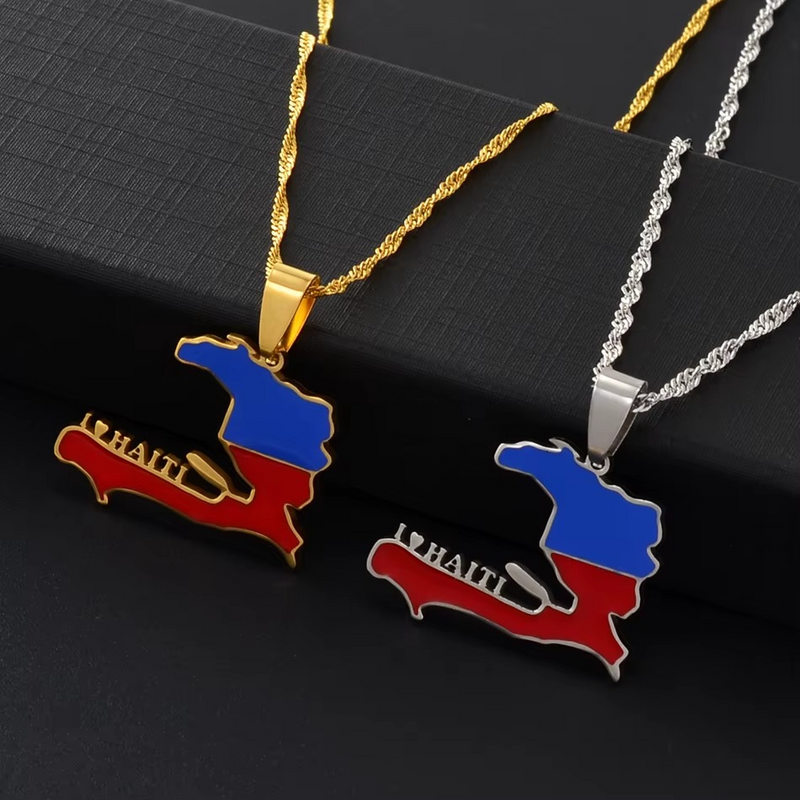 18K Gold Plated I love Haiti full Color Necklace - Haiti necklace - Haiti necklaces, Haiti pendant - Haiti jewelry - Haiti charm