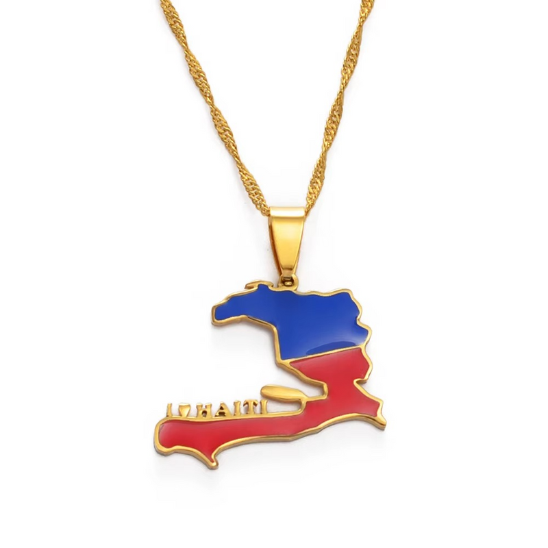 18K Gold Plated I love Haiti full Color Necklace - Haiti necklace - Haiti necklaces, Haiti pendant - Haiti jewelry - Haiti charm