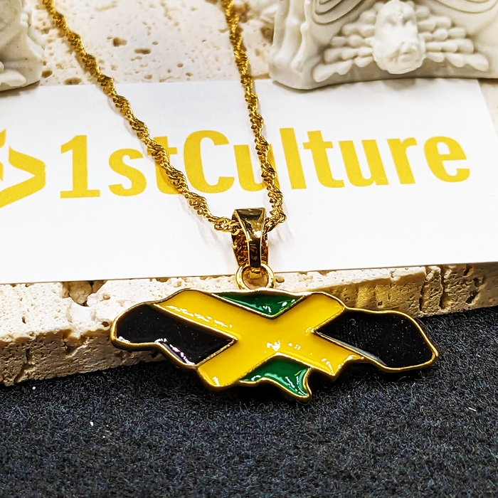 18k Gold Plated Jamaica Map Necklace Full Color - Jamaica Necklace - Jamaica Gold Necklace - Jamaica Flag Necklace - Jamaica Gift