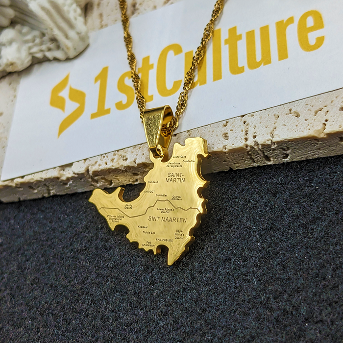 18k Gold Plated Saint Martin City Map Necklace, St Martin Necklace, Saint Martin Flag, Saint Martin Pendant, Saint Martin Gift