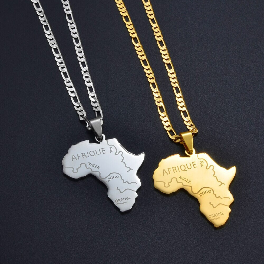 Africa Rivers Map Necklaces French, 18k Gold Plated African Continent Pendant Silver Necklace For Men Women, Map Africa Shaped Gold Necklace