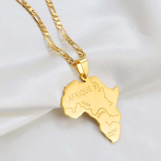 Africa Rivers Map Necklaces French, 18k Gold Plated African Continent Pendant Silver Necklace For Men Women, Map Africa Shaped Gold Necklace