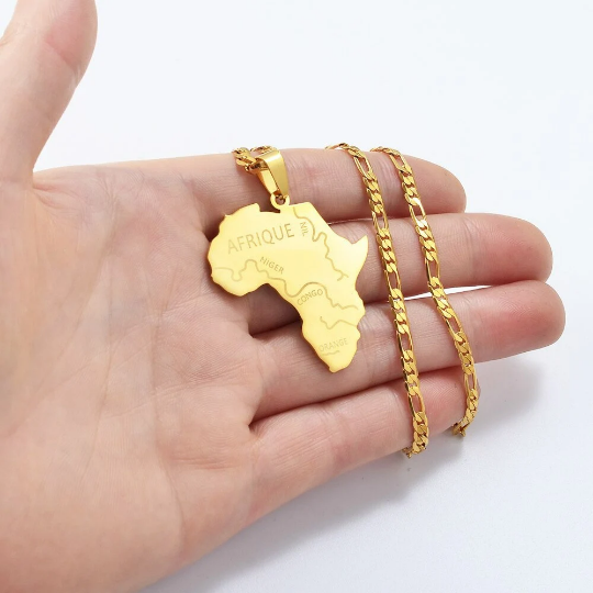 Africa Rivers Map Necklaces French, 18k Gold Plated African Continent Pendant Silver Necklace For Men Women, Map Africa Shaped Gold Necklace