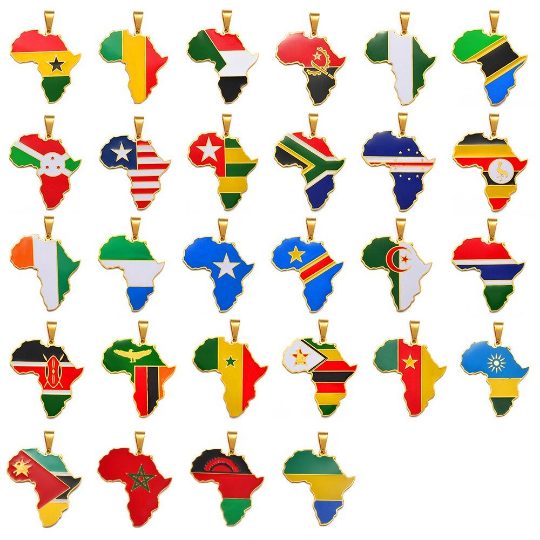 Africa Flag Necklace - 18K Gold Plated Africa Map With Countries Flag Pendant Necklaces - Map Of Africa Coin Chain Necklace For Man & Women