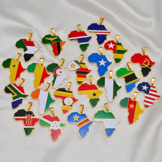 Africa Flag Necklace - 18K Gold Plated Africa Map With Countries Flag Pendant Necklaces - Map Of Africa Coin Chain Necklace For Man & Women