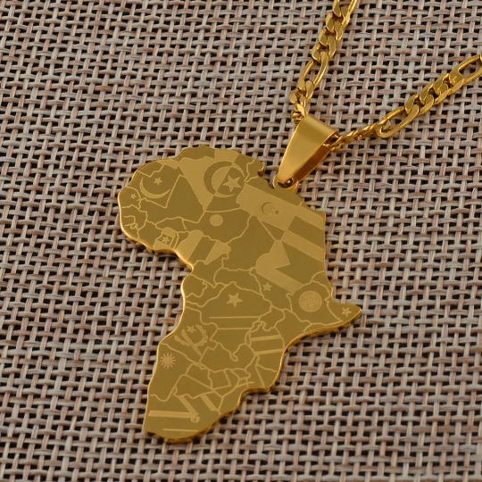 African Map Necklace Men Women, Stainless Steel 18K Gold Plated Necklace, Africa Continent Nation Pendant Country Map Africa Shaped Necklace