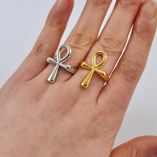 18K Gold Plated Ankh Cross Ring- Ankh Cross Ring - Egypt Hieroglyphs Jewelry - Ankle Necklace Ring For Men/women - Crux Ansata