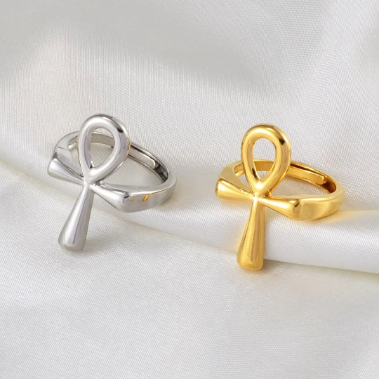 18K Gold Plated Ankh Cross Ring- Ankh Cross Ring - Egypt Hieroglyphs Jewelry - Ankle Necklace Ring For Men/women - Crux Ansata