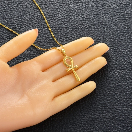18K Gold Plated Ankh Cross Necklace - Ankh Cross Necklace - Egypt Hieroglyphs Necklace - Ankle Necklace For Men/Women - Crux Ansata