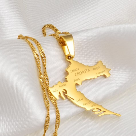 18k Gold Plated Croatia Map Necklace, Croatia Necklace, Croatia Flag, Croatia Jewelry, Croatia Pendant, Croatia Gifts, Croatia Earrings