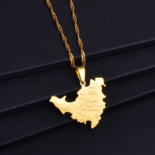 18k Gold Plated Saint Martin City Map Necklace, St Martin Necklace, Saint Martin Flag, Saint Martin Pendant, Saint Martin Gift