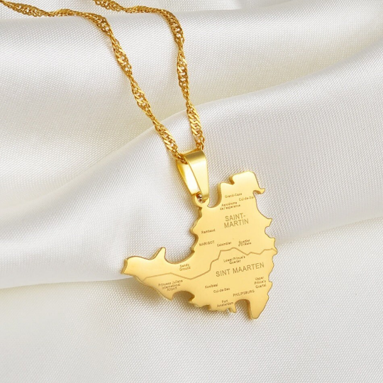 18k Gold Plated Saint Martin City Map Necklace, St Martin Necklace, Saint Martin Flag, Saint Martin Pendant, Saint Martin Gift