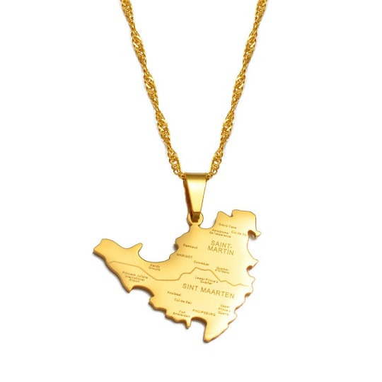 18k Gold Plated Saint Martin City Map Necklace, St Martin Necklace, Saint Martin Flag, Saint Martin Pendant, Saint Martin Gift