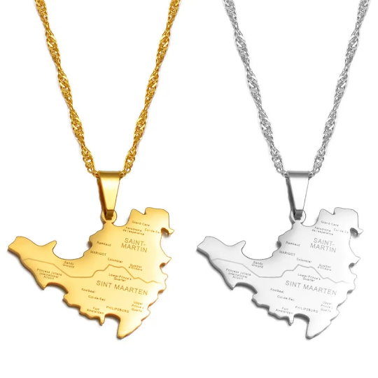 18k Gold Plated Saint Martin City Map Necklace, St Martin Necklace, Saint Martin Flag, Saint Martin Pendant, Saint Martin Gift