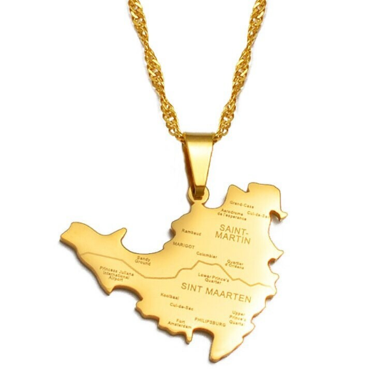 18k Gold Plated Saint Martin City Map Necklace, St Martin Necklace, Saint Martin Flag, Saint Martin Pendant, Saint Martin Gift