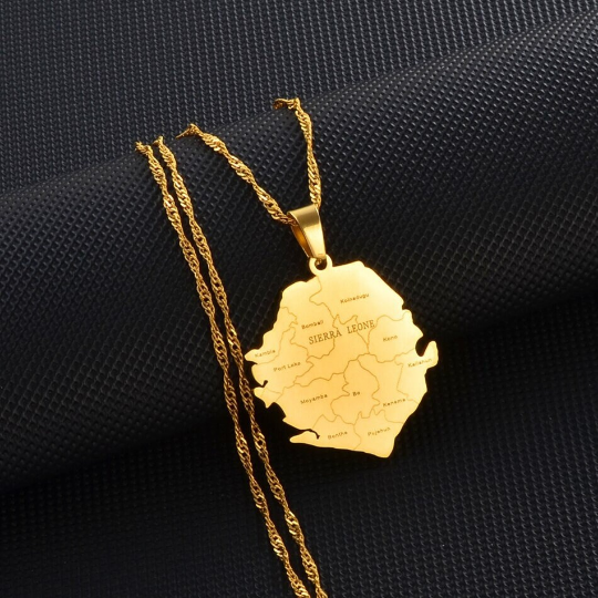 18k Gold Plated Sierra Leone Necklace, Sierra Leone Jewelry, Sierra Leone Flag, Sierra Leone Necklace, Sierra Leone Map