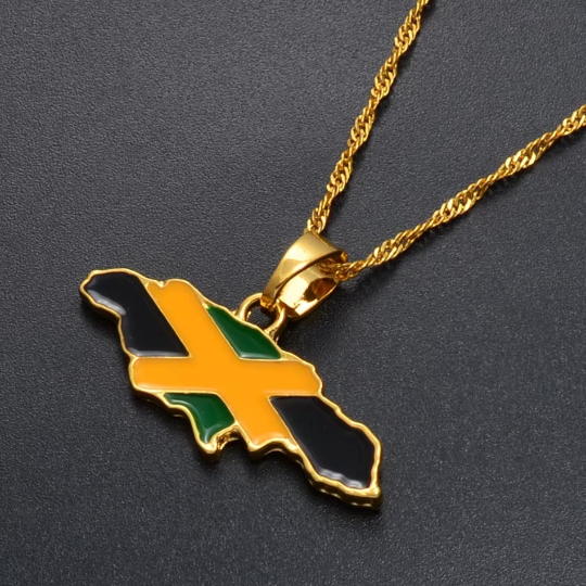 18k Gold Plated Jamaica Map Necklace Full Color - Jamaica Necklace - Jamaica Gold Necklace - Jamaica Flag Necklace - Jamaica Gift