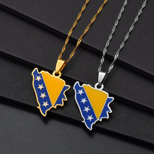 18k Gold Plated Bosnia And Herzegovina Necklace, Bosnia Jewelry, Bosnia Map, Bosnia Flag, Bosnia Pin, Bosnia Gift, Bosnia Earrings