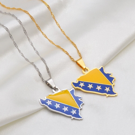 18k Gold Plated Bosnia And Herzegovina Necklace, Bosnia Jewelry, Bosnia Map, Bosnia Flag, Bosnia Pin, Bosnia Gift, Bosnia Earrings