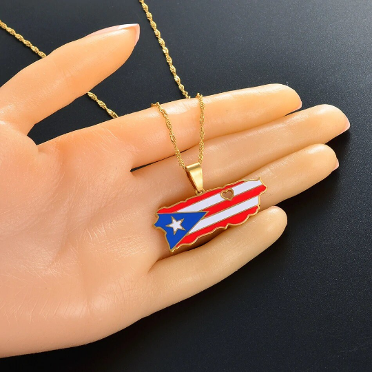 Heart Puerto Rico Flag 18K Gold Plated Necklace / Heart Puerto Rico Flag Jewelry / Heart Puerto Rico Pendant / Heart Puerto Rico Gift