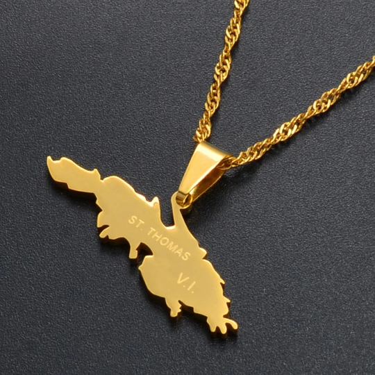 18K Gold Plated Saint Thomas Map Necklace, Saint Thomas Necklace, Saint Thomas Flag, Saint Thomas Pendant, St Thomas Gift, St Thomas Earring