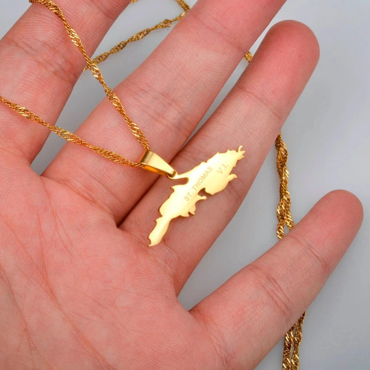18K Gold Plated Saint Thomas Map Necklace, Saint Thomas Necklace, Saint Thomas Flag, Saint Thomas Pendant, St Thomas Gift, St Thomas Earring