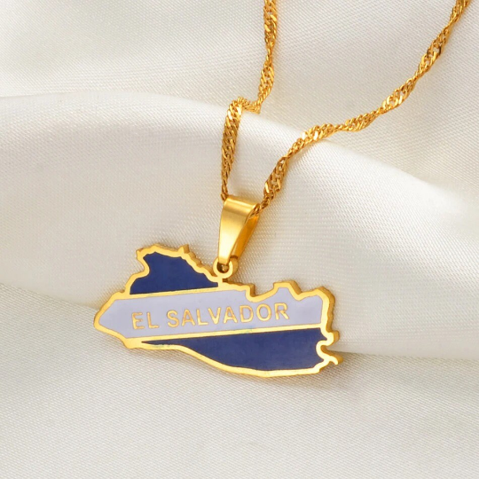 18K Gold Plated Necklace El Salvador Necklace, El Salvador Jewelry, El Salvador Flag, El Salvador Necklace, El Salvador Map