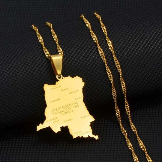 18K Gold Plated Democratic Republic Of Congo Necklace - Democratic Republic Of Congo City Map Necklace - Congo Necklace - Congo Flag