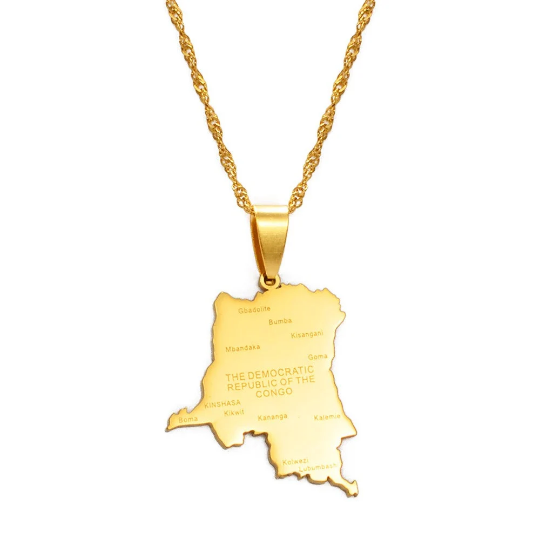 18K Gold Plated Democratic Republic Of Congo Necklace - Democratic Republic Of Congo City Map Necklace - Congo Necklace - Congo Flag