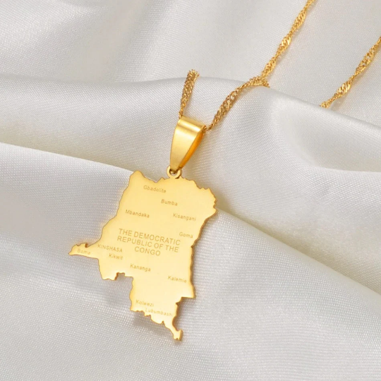 18K Gold Plated Democratic Republic Of Congo Necklace - Democratic Republic Of Congo City Map Necklace - Congo Necklace - Congo Flag