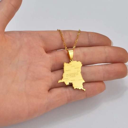 18K Gold Plated Democratic Republic Of Congo Necklace - Democratic Republic Of Congo City Map Necklace - Congo Necklace - Congo Flag