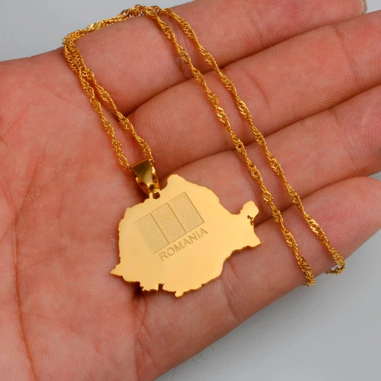 Romania 18K Gold Plated Necklace / Romania Jewelry / Romania Pendant / Romania Gift