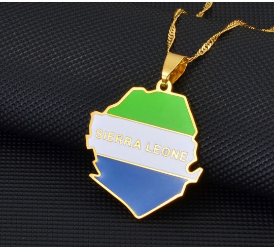 18k Gold Plated Sierra Leone Necklace, Sierra Leone Jewelry, Sierra Leone Flag, Sierra Leone Necklace, Sierra Leone Map