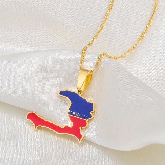 18k Gold Plated I Love Haiti Full Color Necklace - Haiti Necklace - Haiti Necklaces, Haiti Pendant - Haiti Jewelry - Haiti Charm