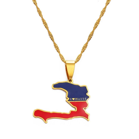 18k Gold Plated I Love Haiti Full Color Necklace - Haiti Necklace - Haiti Necklaces, Haiti Pendant - Haiti Jewelry - Haiti Charm