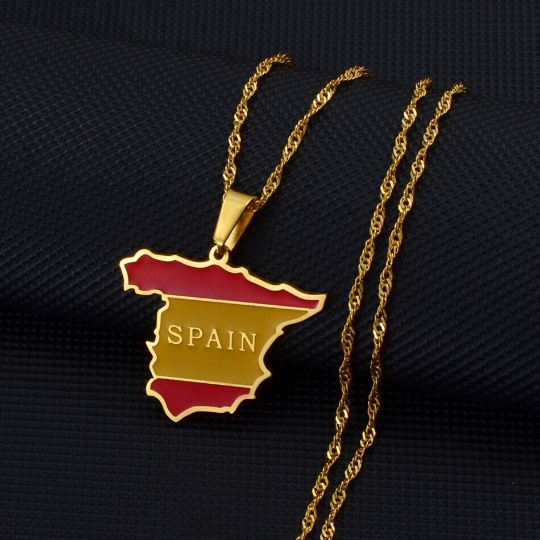 18K Gold Plated Spain Colored Necklace, Spain Earrings, Spain Jewelry, Spain Tshirt, Spain Bracelet, Spain Flag, Spain Gift Ideas