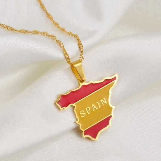 18K Gold Plated Spain Colored Necklace, Spain Earrings, Spain Jewelry, Spain Tshirt, Spain Bracelet, Spain Flag, Spain Gift Ideas