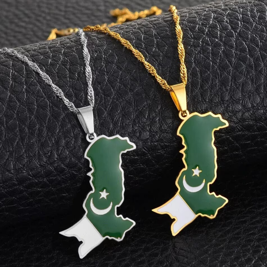 18K Gold Plated Pakistan Necklace, Pakistan Jewelry, Pakistan Flag, Pakistan Necklace, Pakistan Earrings, Pakistan Map