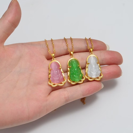 18K Gold Plated Buddha Charm Necklace / Clear Buddha Pendant / Buddhist Necklace / Buddha Jewelry / Guanyin Necklace / Buddha Amulet