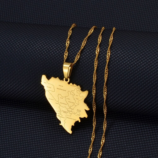 18k Gold Plated Bosnia And Herzegovina Necklace, Bosnia Jewelry, Bosnia Map, Bosnia Flag, Bosnia Pin, Bosnia Gift, Bosnia Earrings