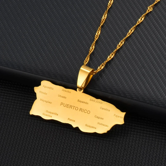 18K Gold-plated Puerto Rico Flag Necklace With City Map / Puerto Map Necklace / Puerto Rico Flag Gold Plated Necklace For Men And Women